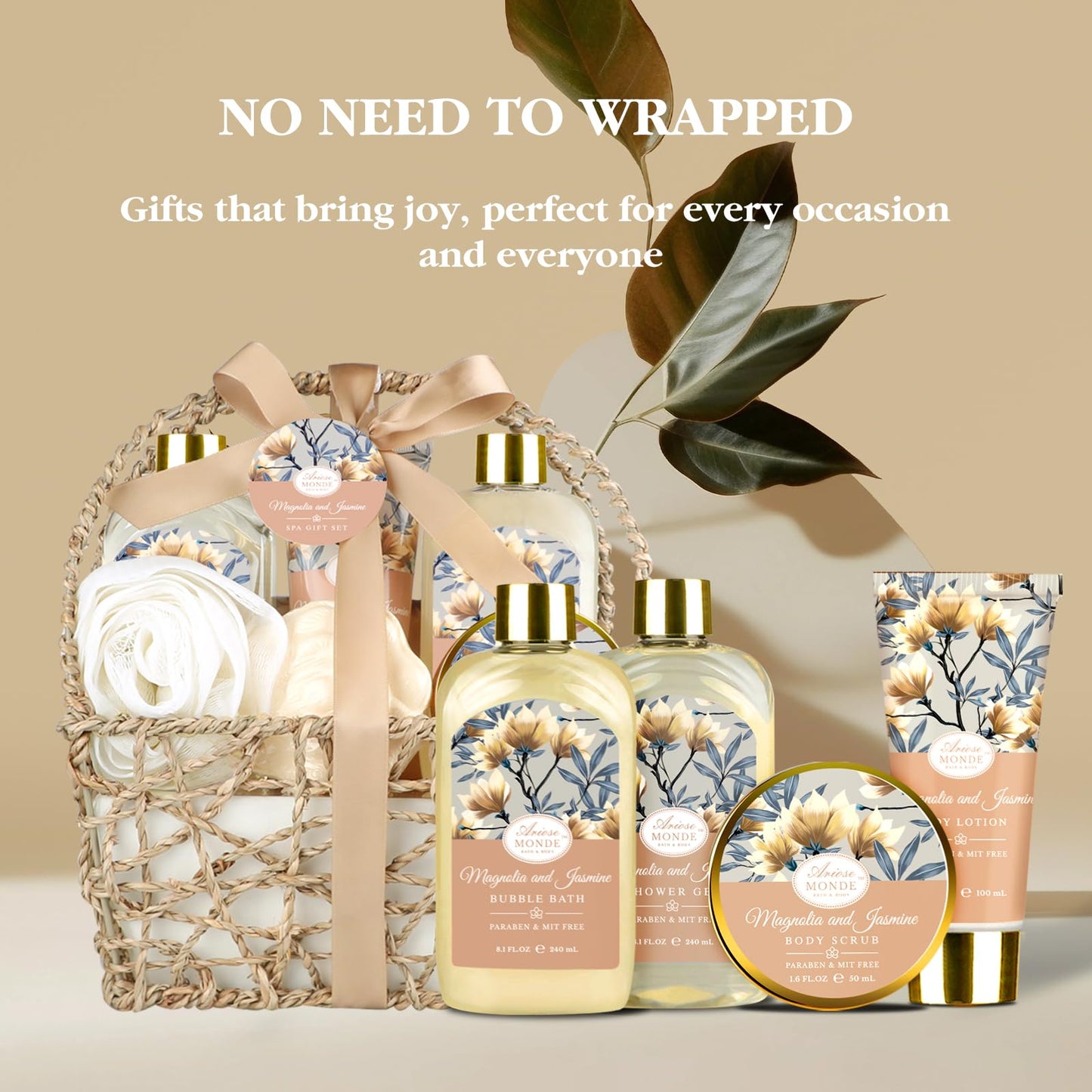 Home Spa Gift Basket for Women – Bath Set with Lotion, Shower Gel, Bubble Bath, Scrub, Bath Salt & Bombs, Magnolia & Jasmine Scent