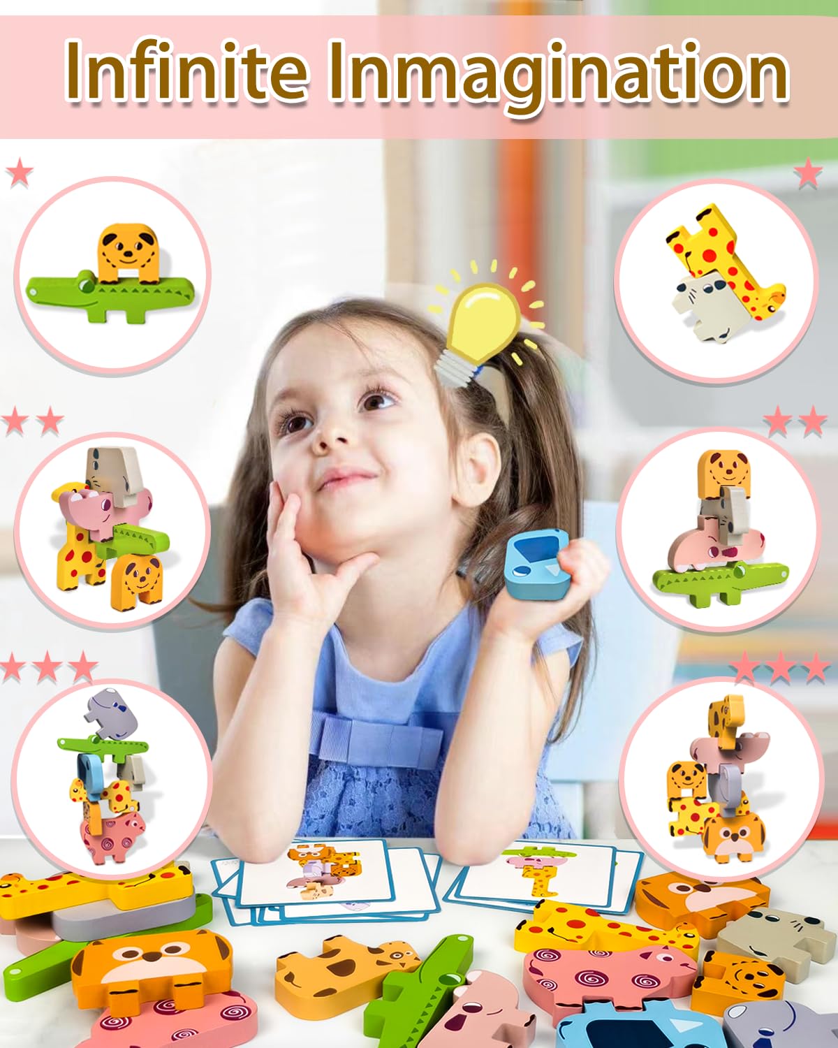 Cowcowcow Montessori Wooden Toys for Toddlers 1-4, 10-Pc Animal Blocks Sorting & Stacking Educational Puzzle, Birthday Gift