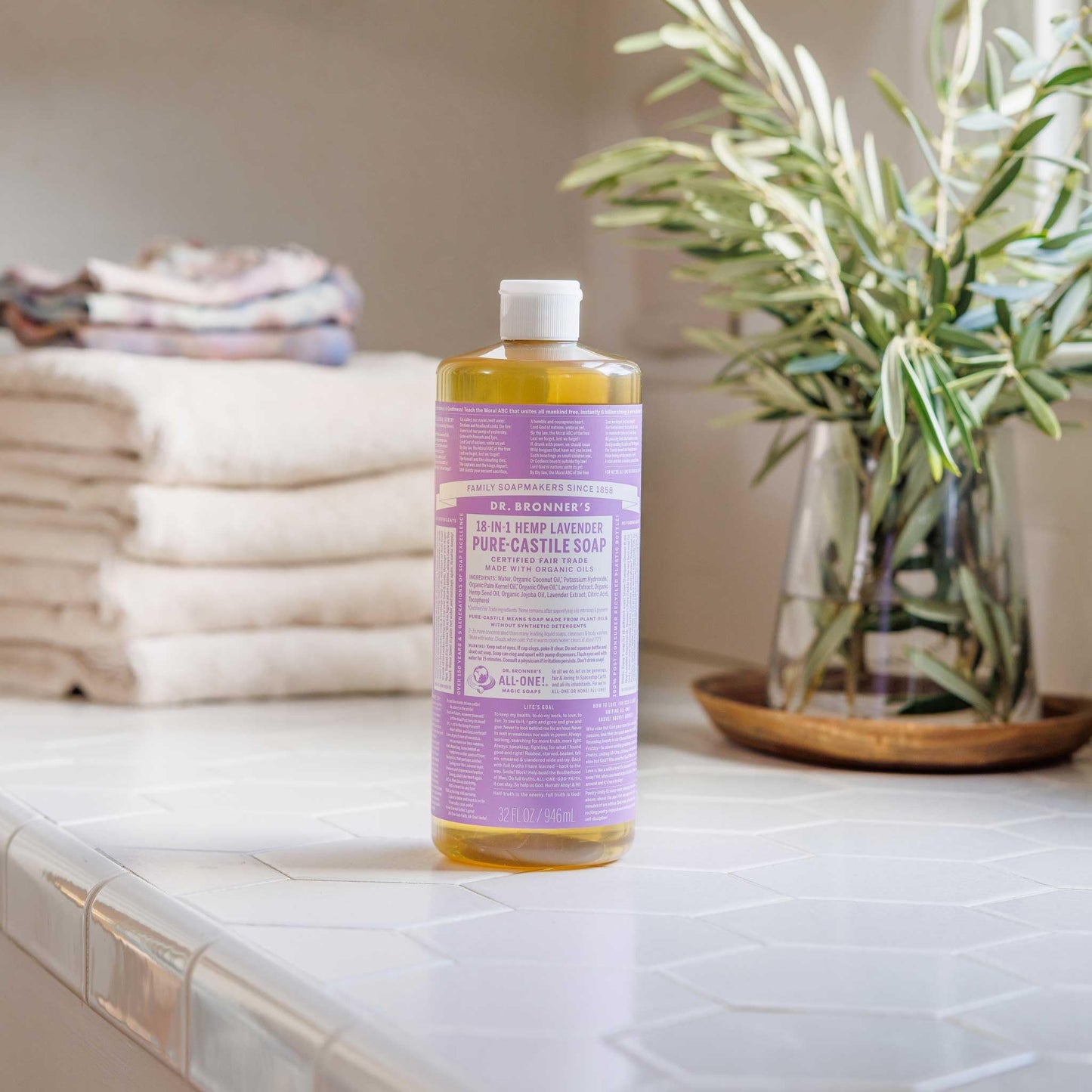Dr. Bronner’s Pure-Castile Liquid Soap, Lavender 32oz – All-Natural, Regenerative Organic Oils, 18-in-1 Face, Body, Hand & Hair Wash