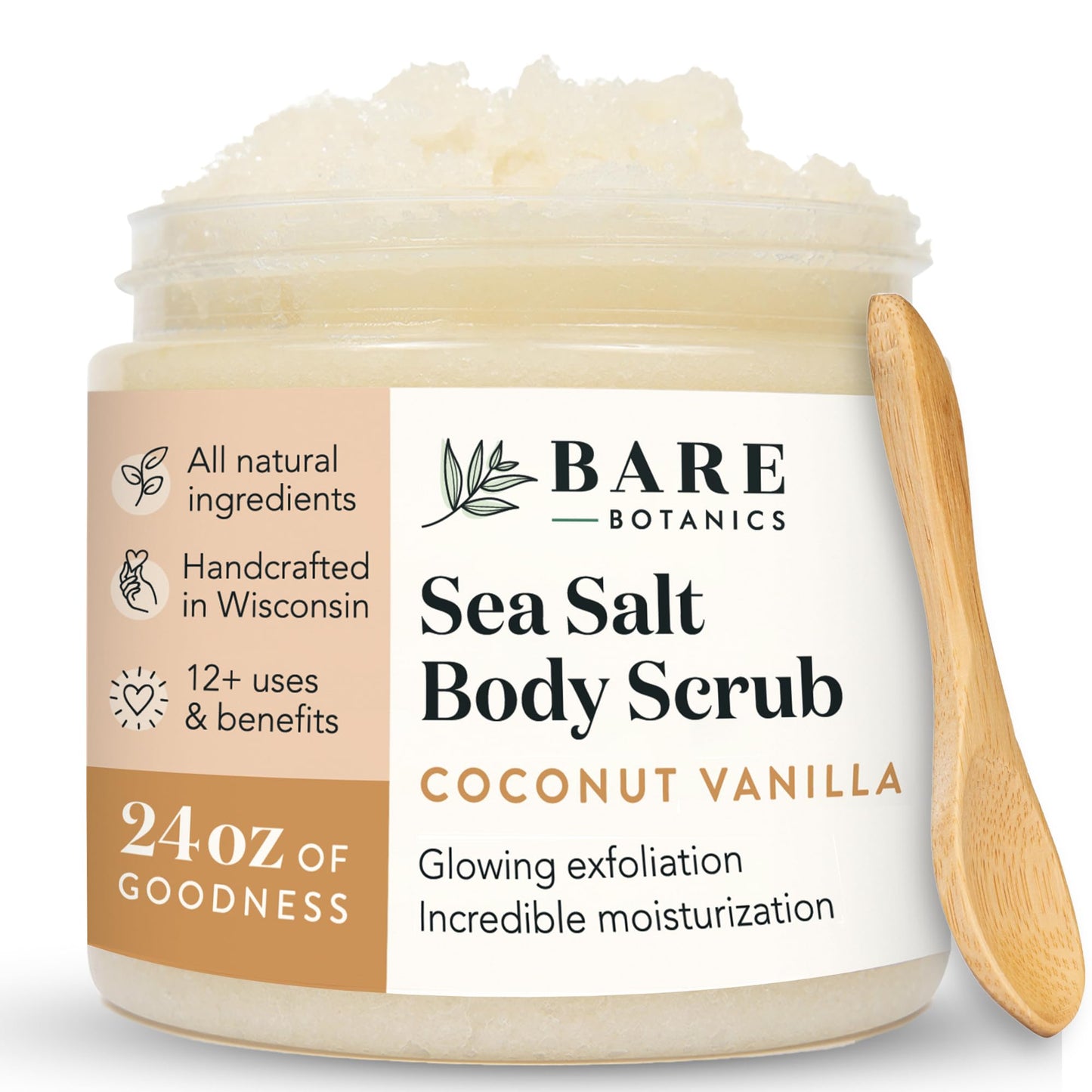 Bare Botanics Coconut Vanilla Body Scrub 24oz – All Natural Sea Salt Exfoliator, Vegan, Cruelty-Free, Moisturizing, Gift-Ready w/ Wooden Spoon