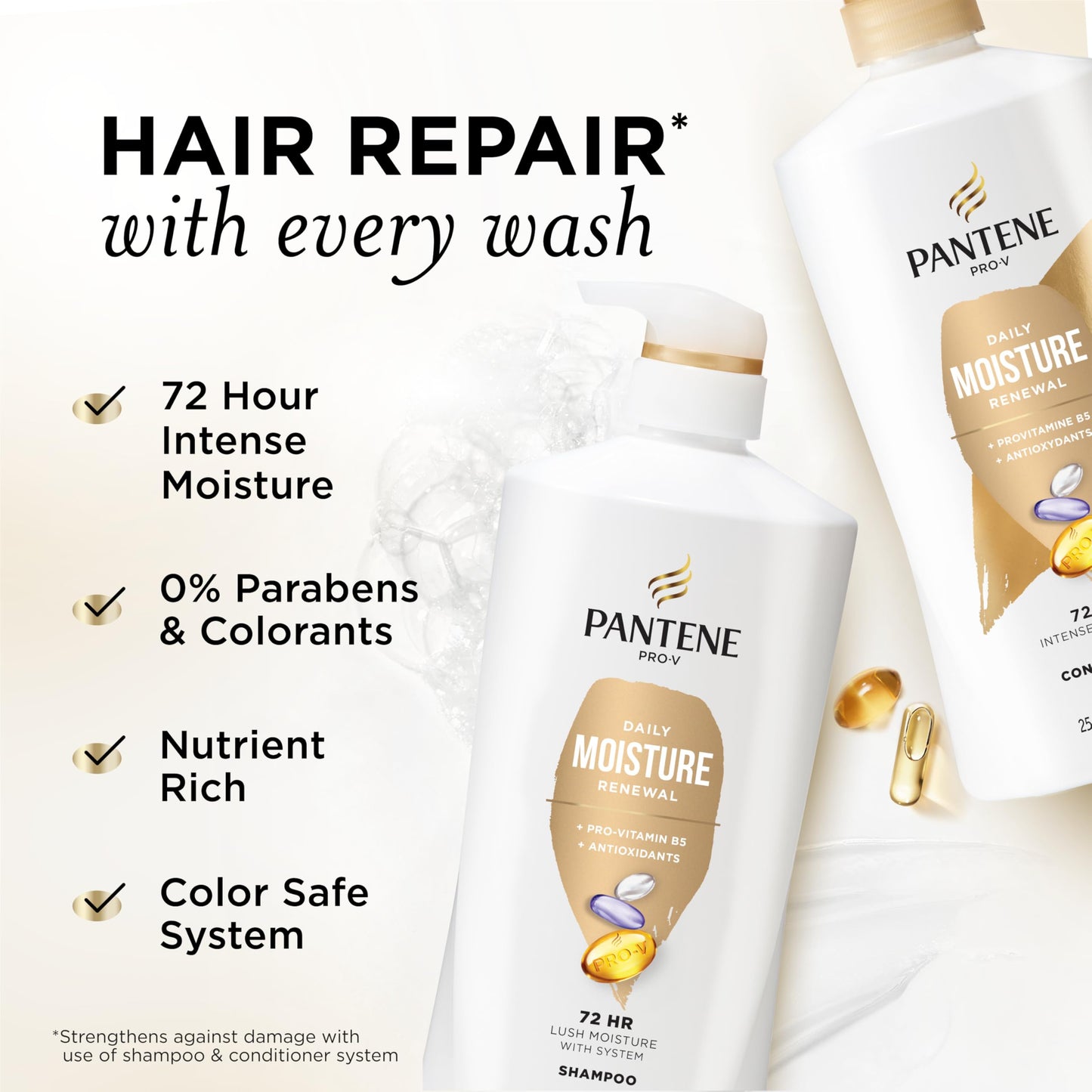 Pantene Daily Moisture Renewal Shampoo & Conditioner Set with Pro-V Nutrients for Dry, Color-Treated Hair + Miracle Rescue Shot, 52.8 Oz
