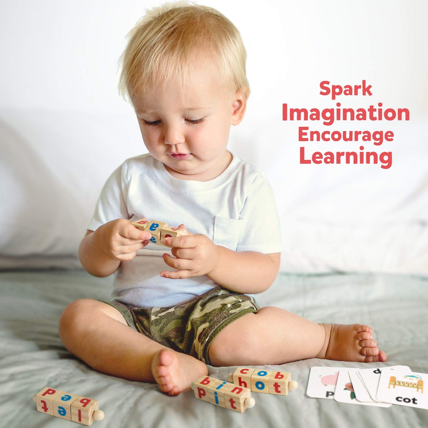 Coogam Wooden Short Vowel Reading Blocks – Rotating Letter Puzzle & Flash Cards, Montessori Spelling & Sight Word Toy for Kids