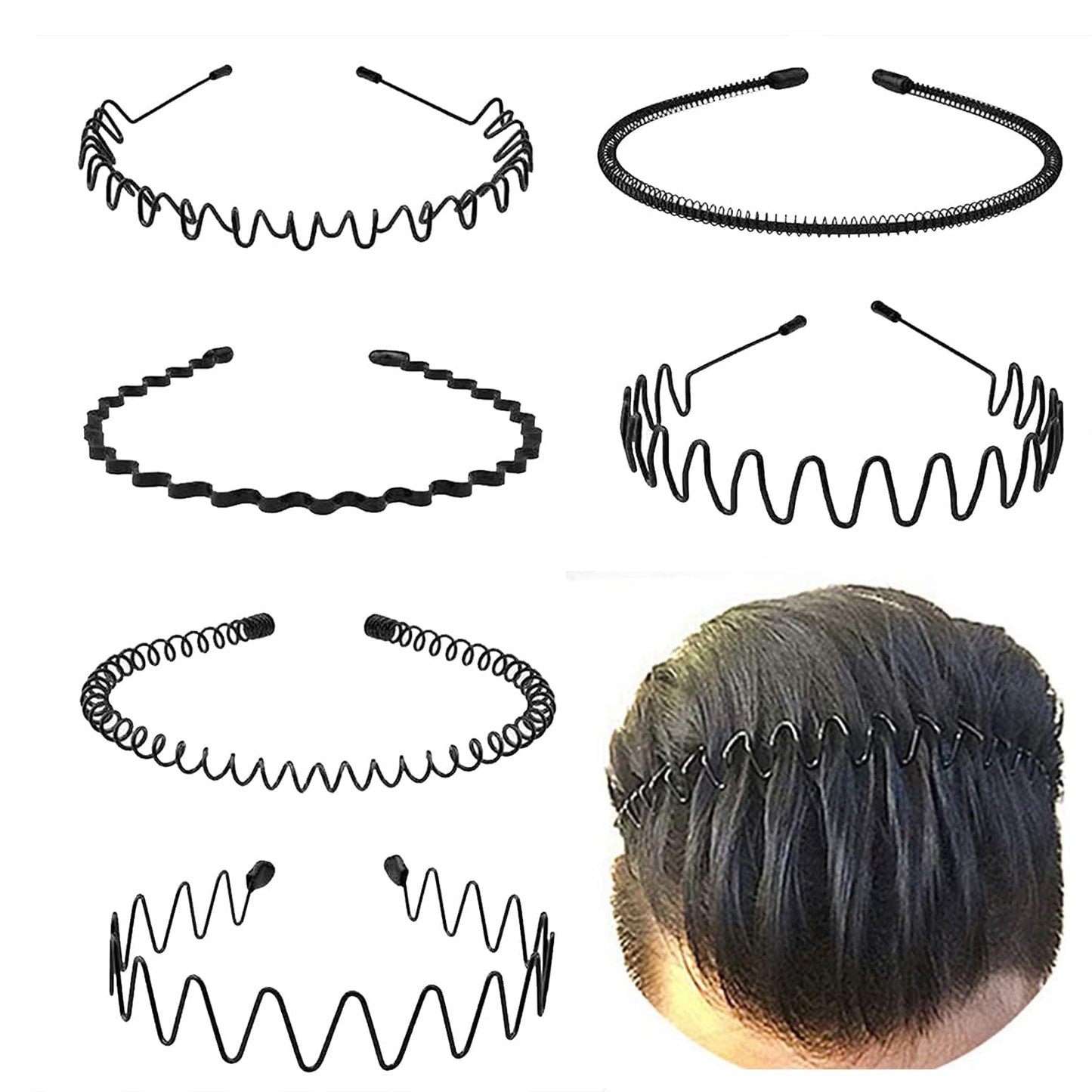 KELUBATU Unisex Metal Wavy Headbands 6 Pack – Non-Slip Elastic Hair Bands for Men & Women, Fashion Sports Hair Accessories