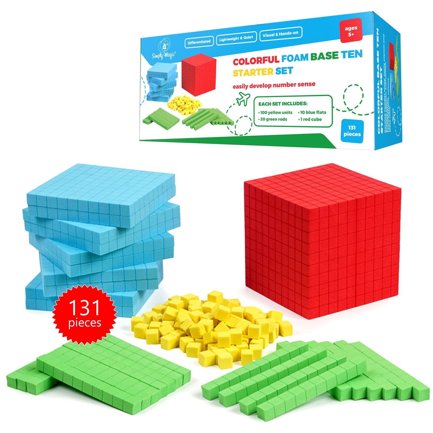 Simply Magic 131-Piece Foam Base Ten Blocks for Math - Place Value Manipulatives, Counting Cubes & Number Blocks for K-3