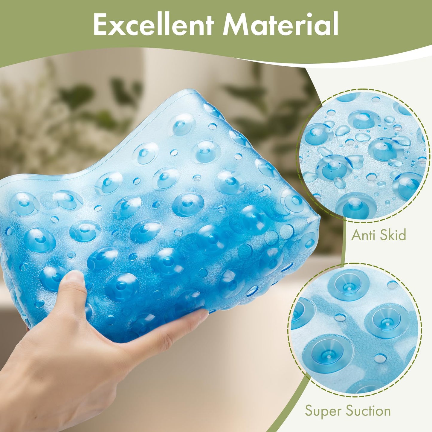 AmazerBath Non-Slip Shower Mat 40x16 – Bath Tub Mat with Suction Cups & Drain Holes for Kids & Elderly, Clear Blue