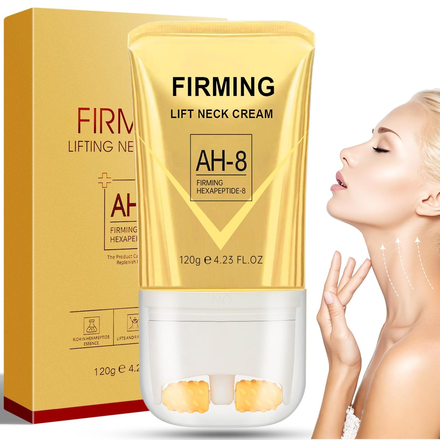 AH-8 Neck Firming Cream with Roller – Deep Moisturizing, Lifts & Firms Crepey Skin for Men & Women, 4.21 FL OZ, Gold