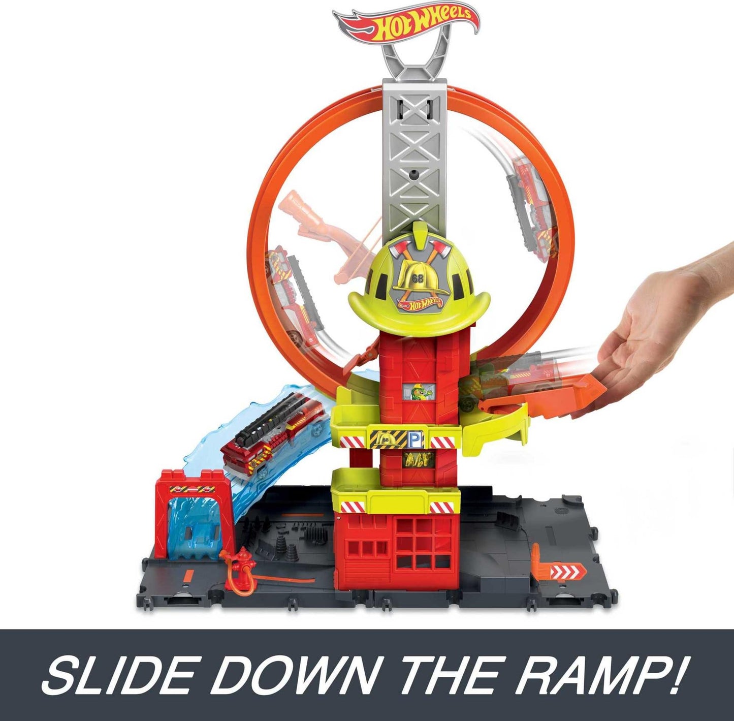 Hot Wheels City Fire Station Playset with 1 Car, Kid-Powered Elevator, Super Loop, Water-Style Ramp & Track Features, Connectable