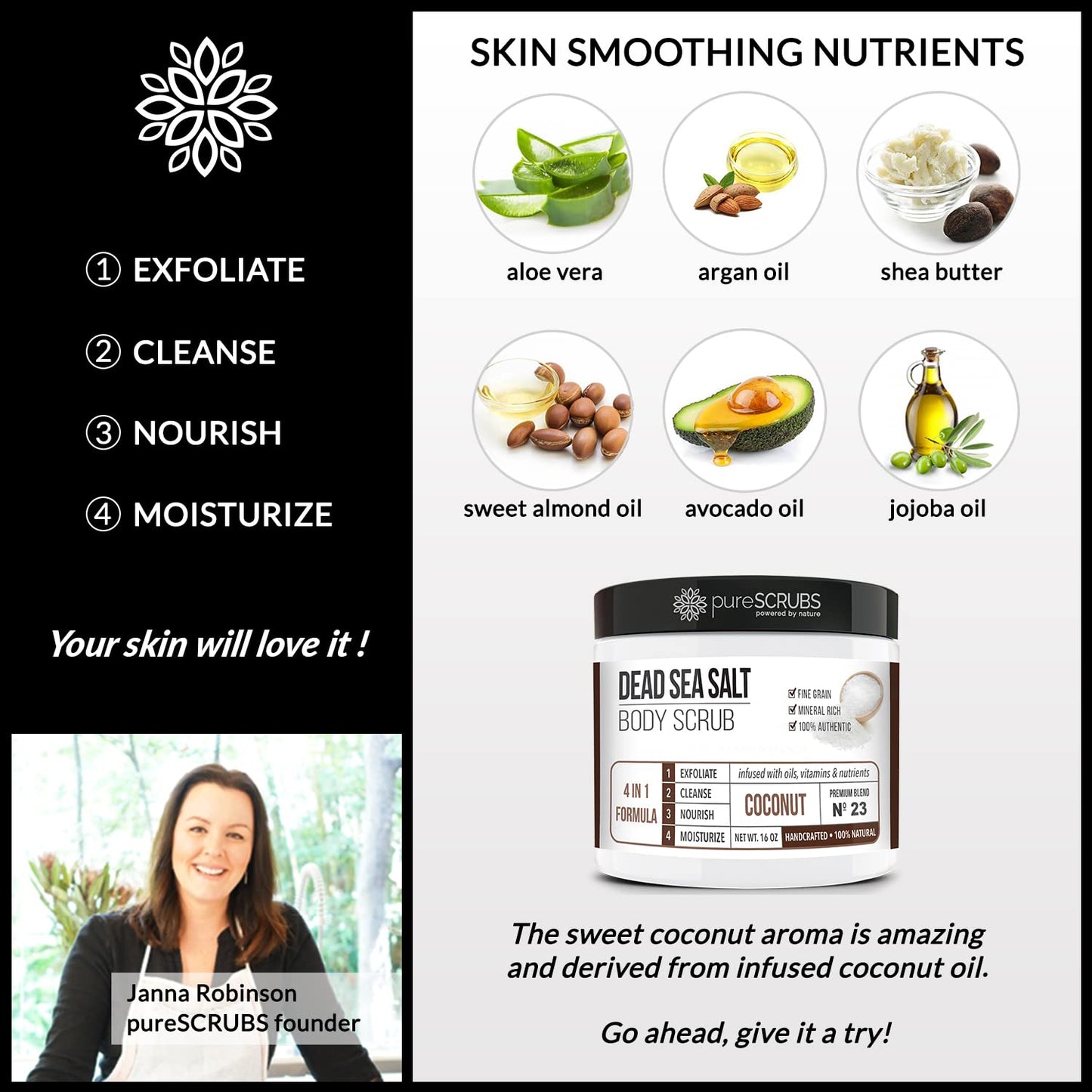 pureSCRUBS Premium Coconut Body Scrub Set, 16oz Dead Sea Salt Scrub with Essential Oils, Includes Loofah, Wooden Spoon & Oatmeal Soap