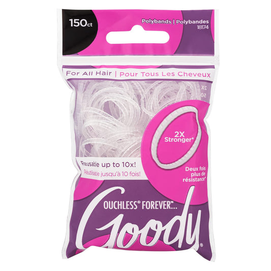Goody Ouchless Forever Polyband Hair Ties, 150 Ct Clear | Ultra-Strong Elastic Bands with Easy Glide & Secure Hold | For All Hair Types