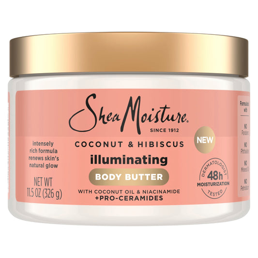 SheaMoisture Illuminating Body Butter with Coconut & Hibiscus, Niacinamide and Pro-Ceramides, Renewing Skin’s Natural Glow, 48H Moisturizing 11.5 oz