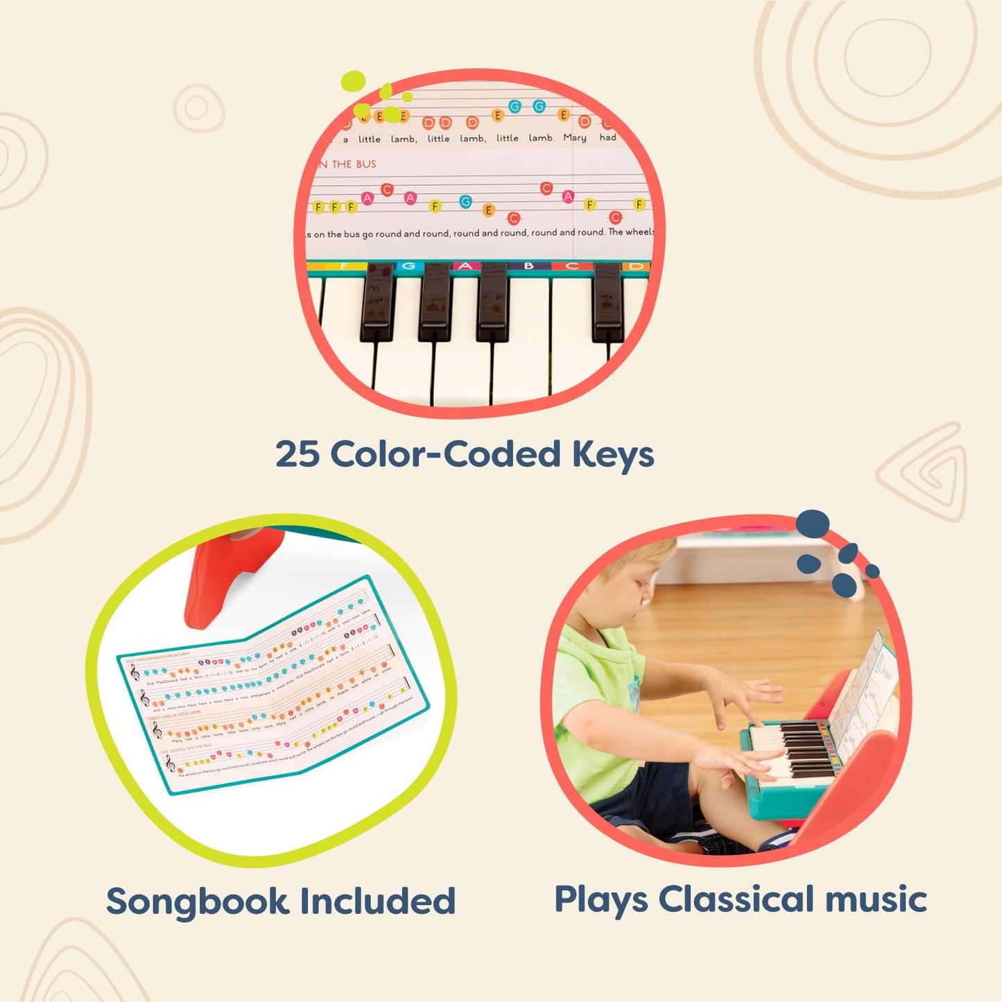 B. toys Wooden Toy Piano for Toddlers & Kids – Color-Coded Keys with Songbook – Early Learning Musical Instrument – Mini Maestro, Ages 3+