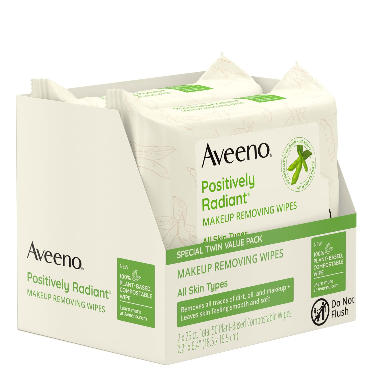 Aveeno Positively Radiant Alcohol-Free Makeup Removing Face Wipes, Gentle, Non-Comedogenic, Plant-Based, Compostable, 50 Count (2x25)