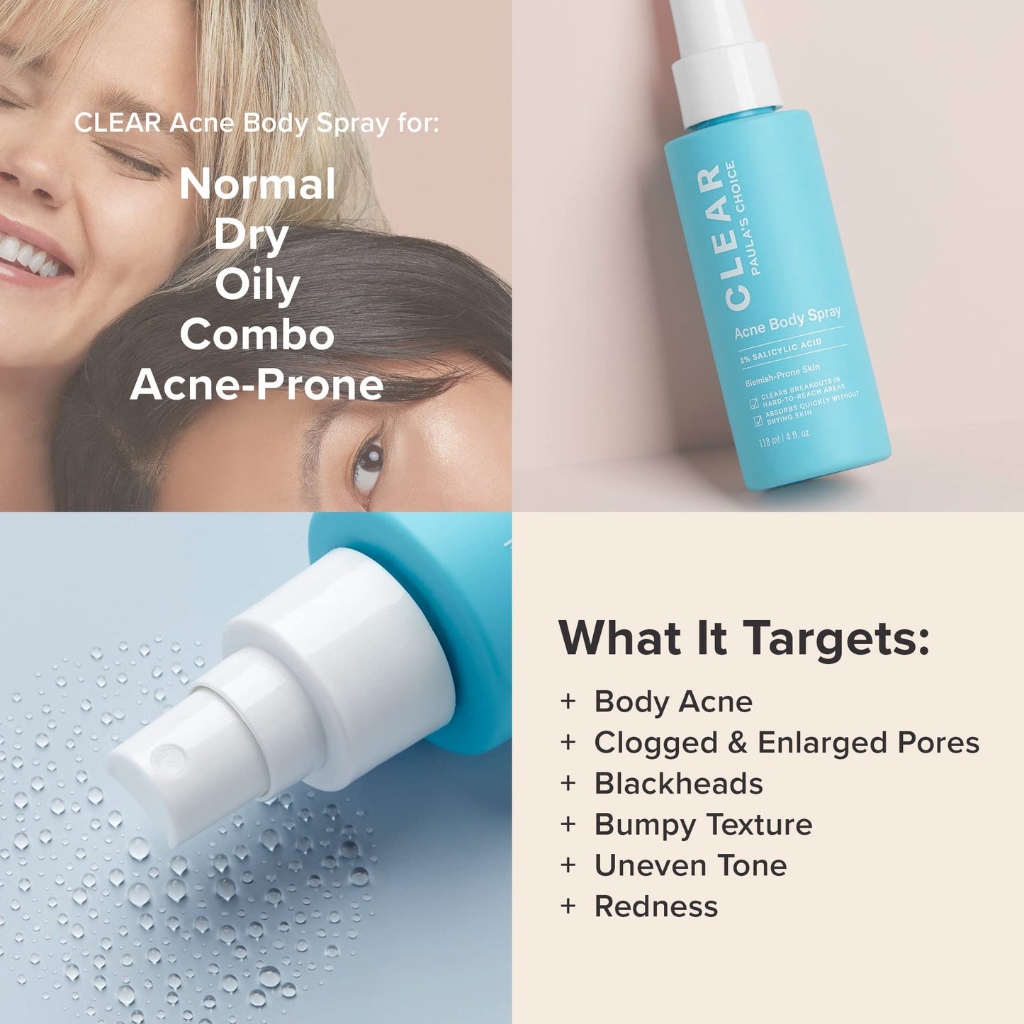 Paula's Choice CLEAR Back & Body Acne Spray, 2% BHA Salicylic Acid for Back Acne, Blackheads & Breakouts, Alcohol & Fragrance-Free, 4 fl oz