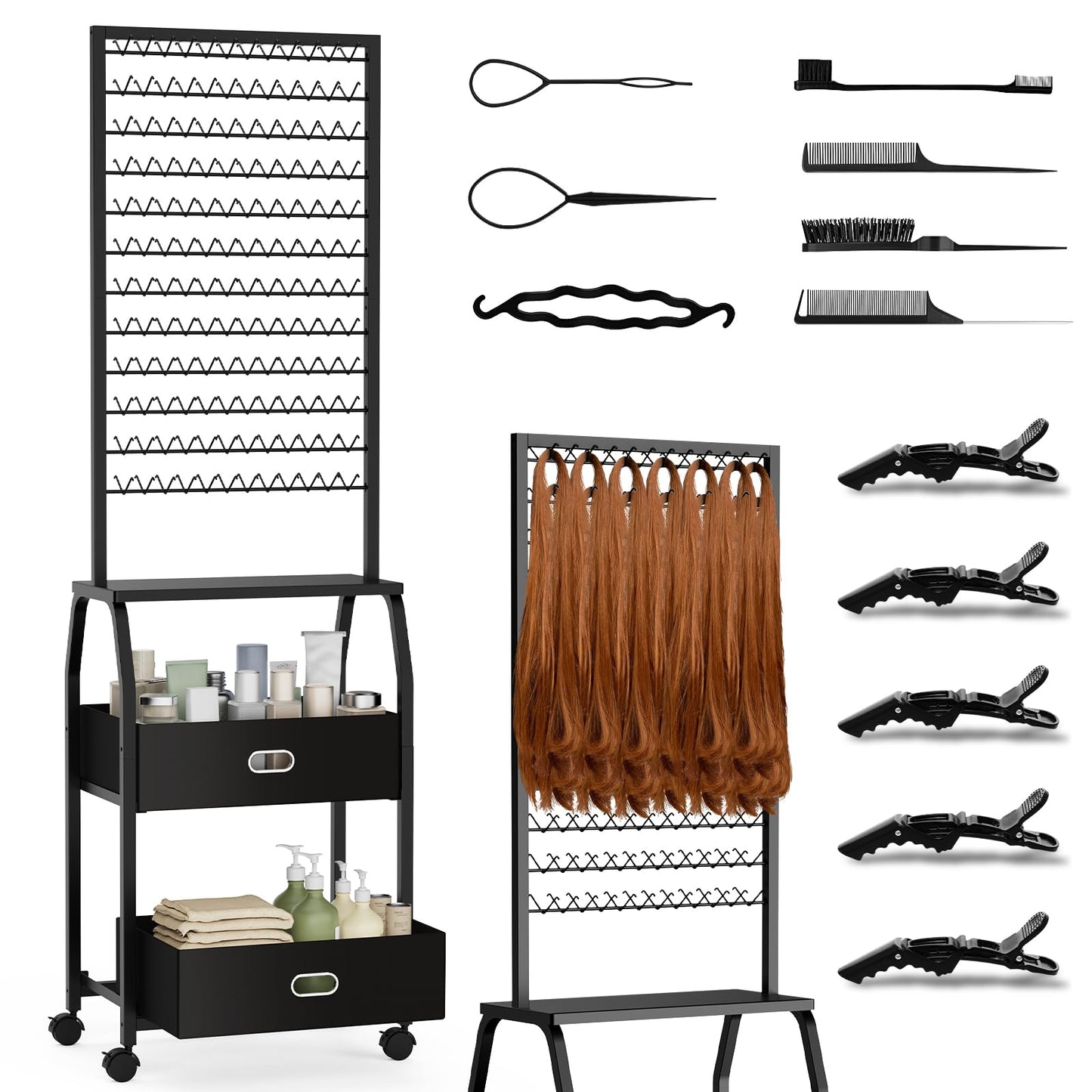 Portable Hair Braiding Rack with Wheels & Storage Drawers | 2-Sided 288 Pegs Hair Extension Holder & Organizer Stand with Tools (Black)