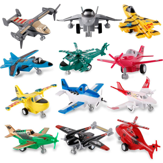Liberty Imports Pull Back Airplanes Toy Set – 12 Pack of Jets, Bombers, Helicopters & Planes for Kids, Toddlers, Party Favors & Gifts