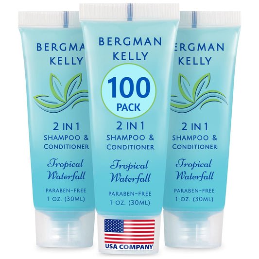 Bergman Kelly Travel Size 2-in-1 Shampoo & Conditioner, Tropical Waterfall Scent, 1 fl oz (100 Pack) – Refreshing Hotel Toiletries Bulk Set