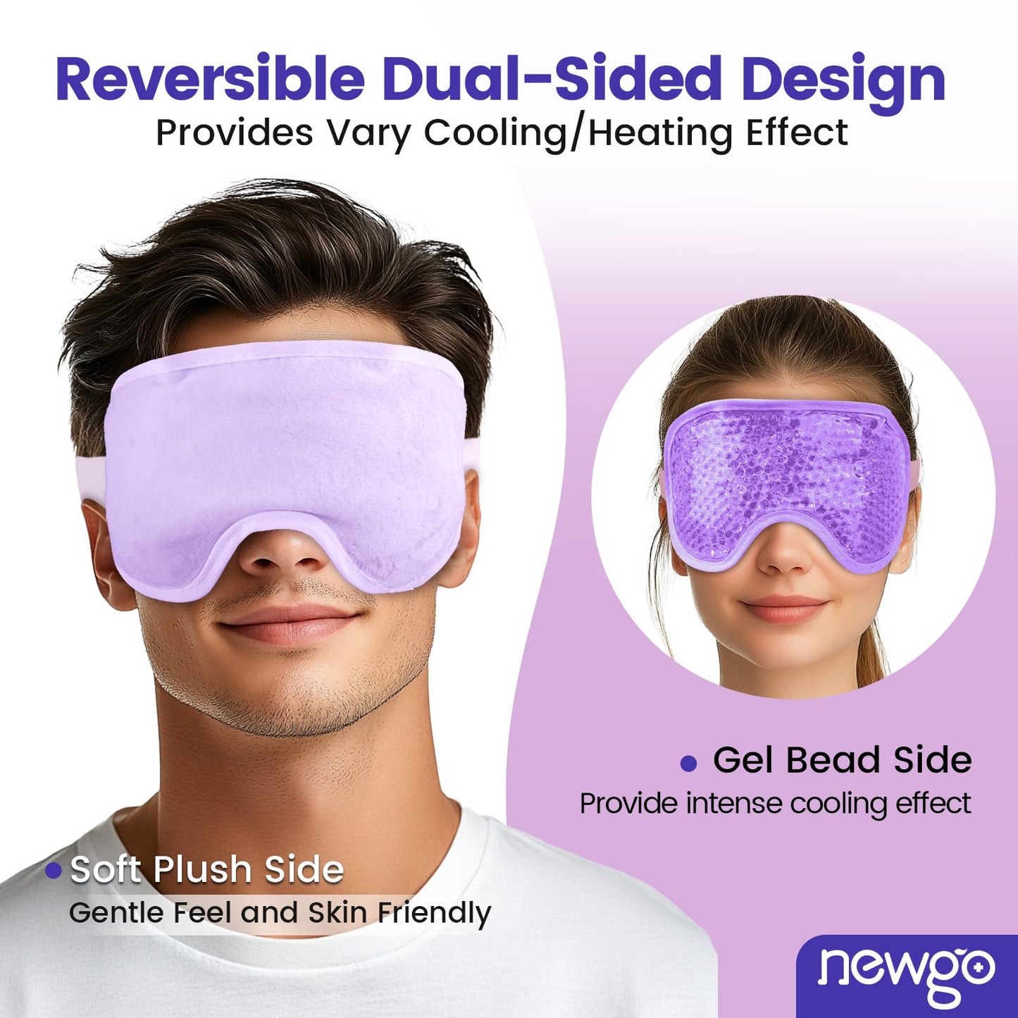 NEWGO Cooling Gel Eye Mask - Reusable Cold Pack for Puffy Eyes, Dark Circles, Migraine, Stress Relief - Purple With Soft Plush Backing