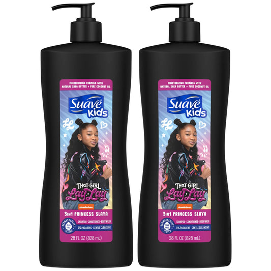 Suave Kids 3-in-1 Shampoo - That Girl Lay Lay Princess Slaya Tear-Free Kids Shampoo, Conditioner & Body Wash, Soap, 28 Fl Oz (Pack of 2)
