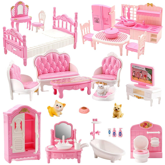 36Pcs Miniature Dollhouse Furniture Set 1:12 Scale with Cat & Dog - Kitchen, Living, Dining, Bedroom Accessories for Playhouse Toy (Pink)