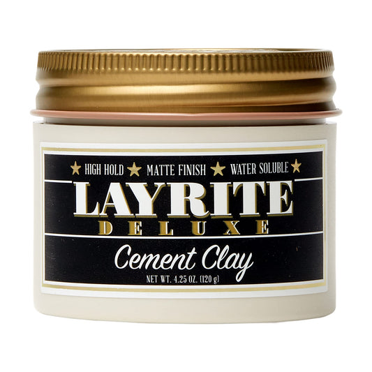 Jar of Layrite Deluxe Cement Clay with gold lid on a white background