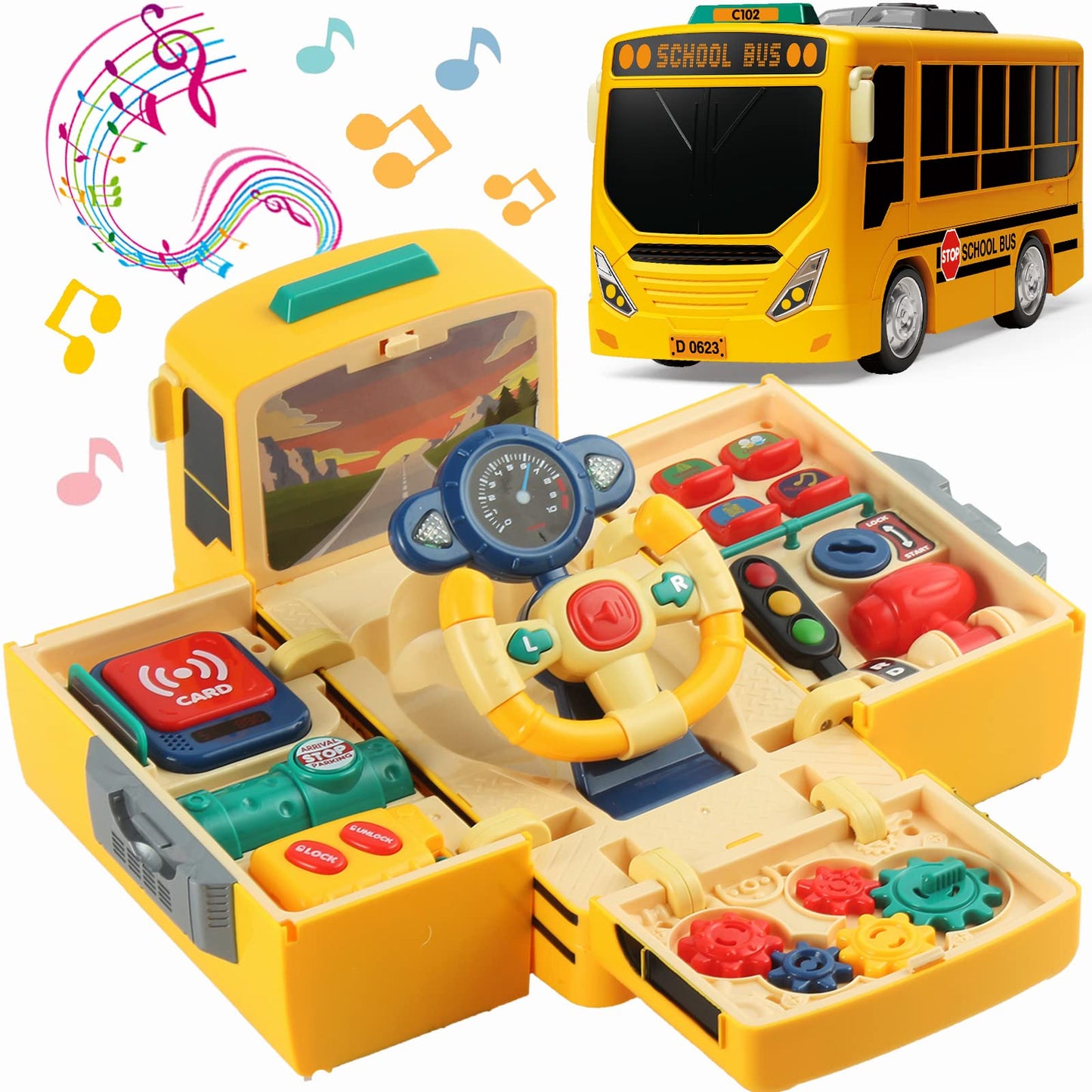 HONGTUO School Bus Toy with Sound and Light, Simulation Steering Wheel, Toddlers School Bus with Music Education, Gift for 1-3-5 Boys & Girls