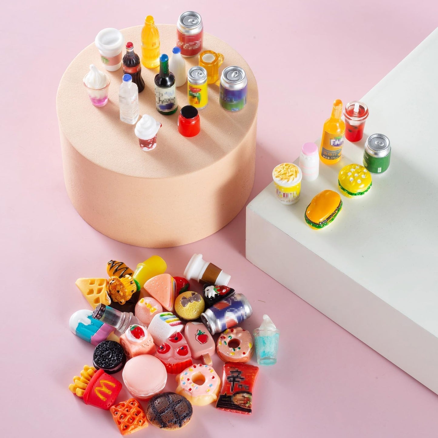 50 Pcs Miniature Food & Drink Bottles for 1/12 Dollhouse – Soda, Snacks, Cake, Ice Cream, Pretend Play Kitchen Toys (25 Food + 25 Drink)