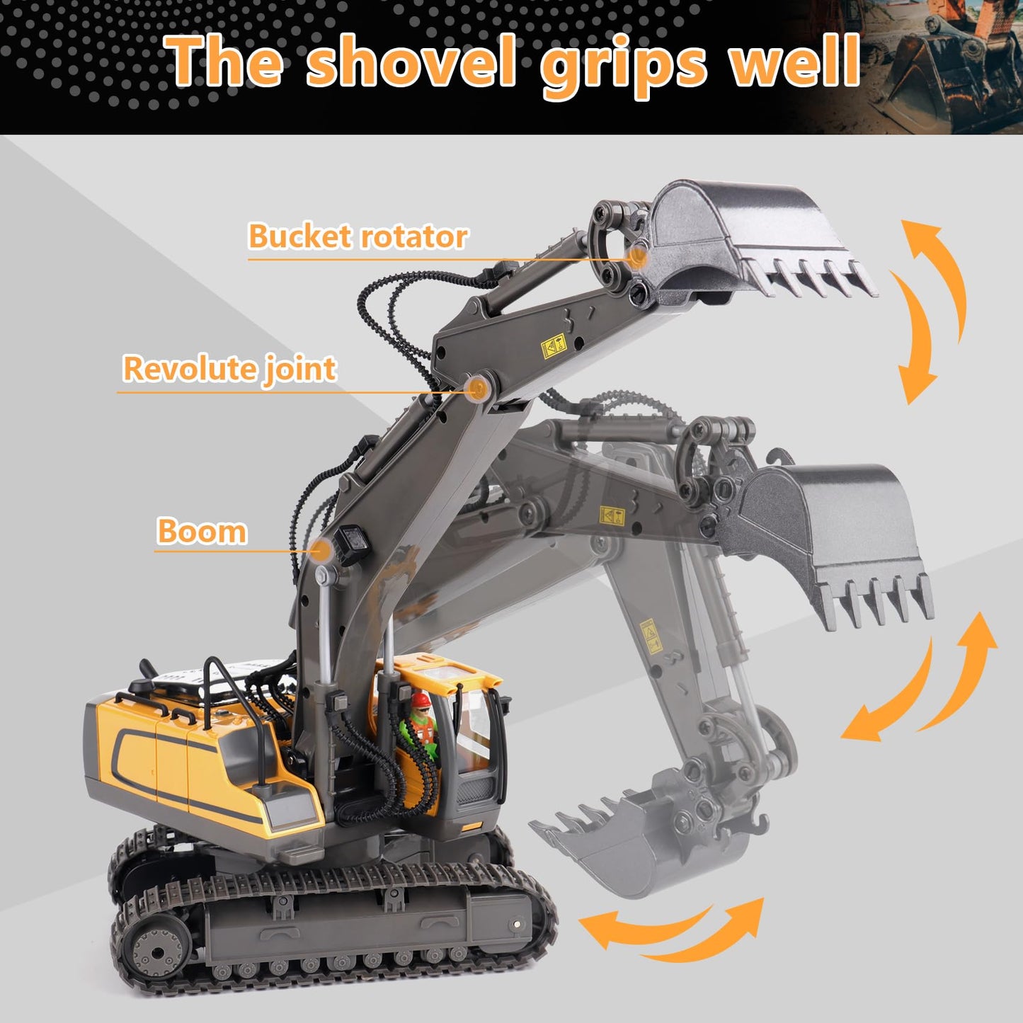 PREPOP RC Excavator Toy for Kids 6-12 – Remote Control Construction Truck with Metal Shovel, Lights & Sounds, Birthday Gift for Boys 4-11