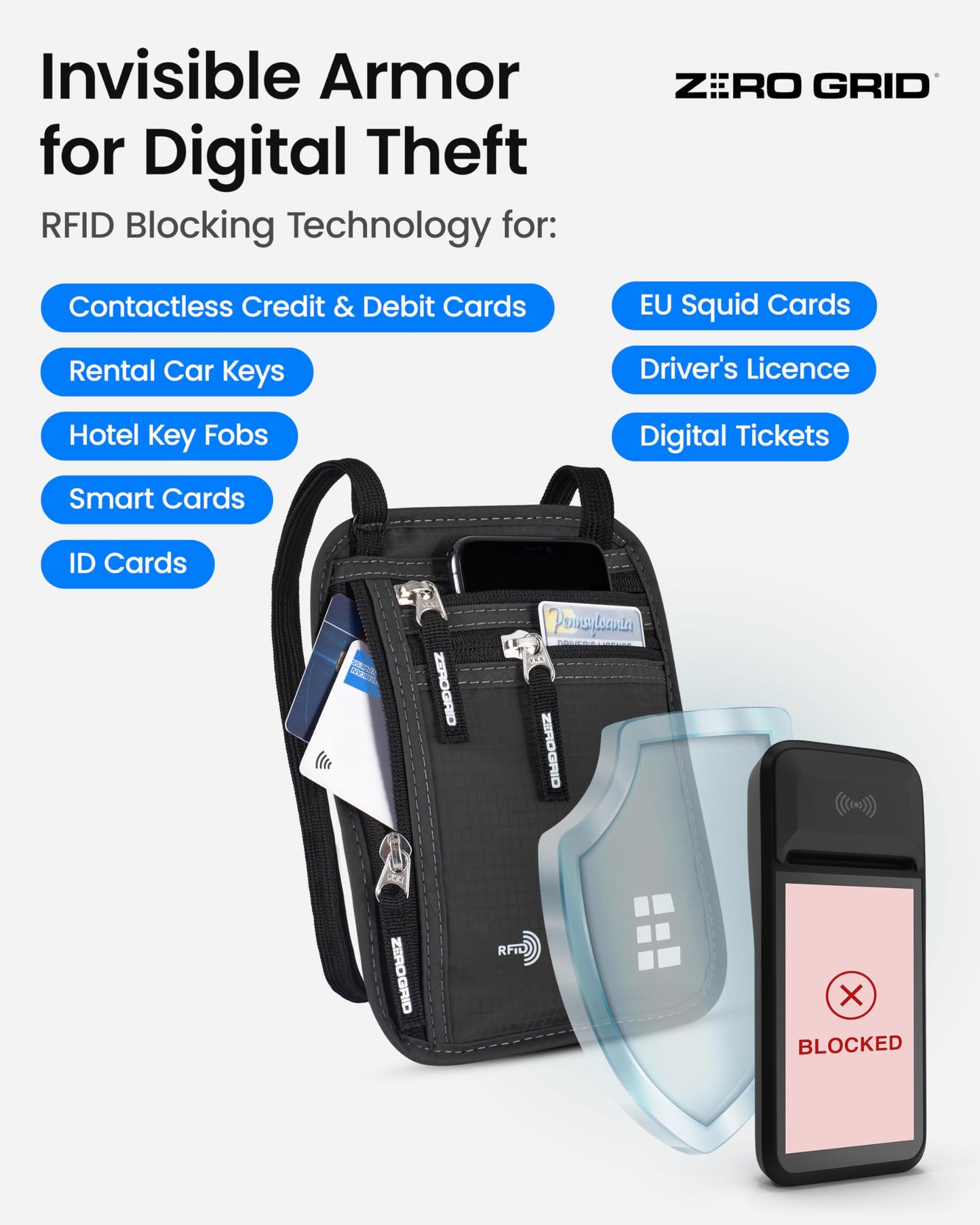 RFID Blocking Neck Wallet & Passport Holder – Slim, Water-Resistant Travel Pouch for Men & Women – Dark Grey, Large