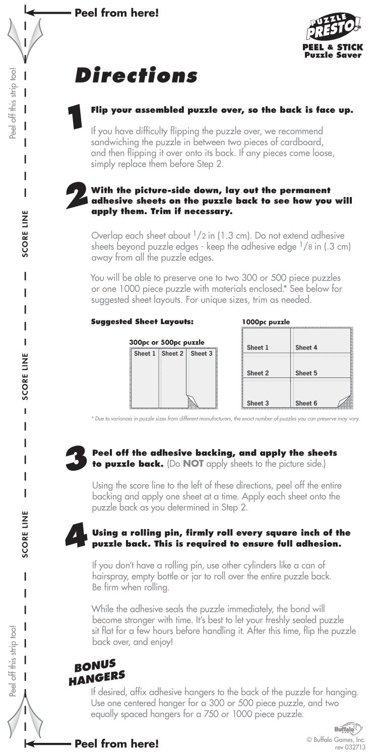 Puzzle Presto Peel & Stick Saver: The Original and Still the Best Way to Preserve Your Finished Puzzle! - 6 Adhesive Sheets and 2 Adhesive Hangers