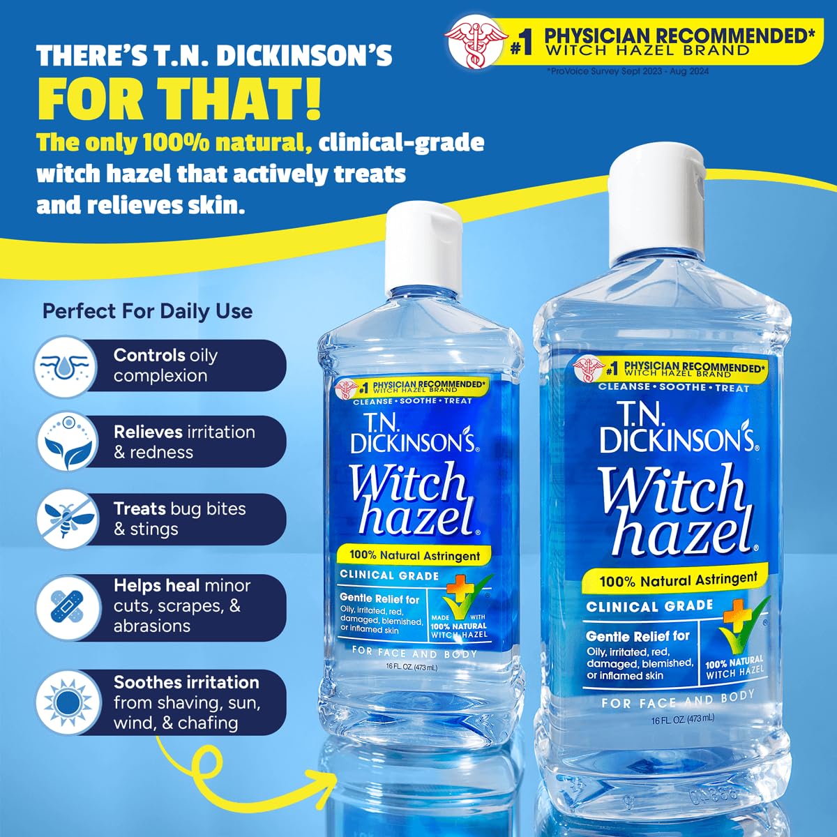 T.N. Dickinson's Witch Hazel 100% Natural Astringent, Fragrance-Free, Cleanses & Soothes Face & Body, Clinical Grade, 8 fl oz