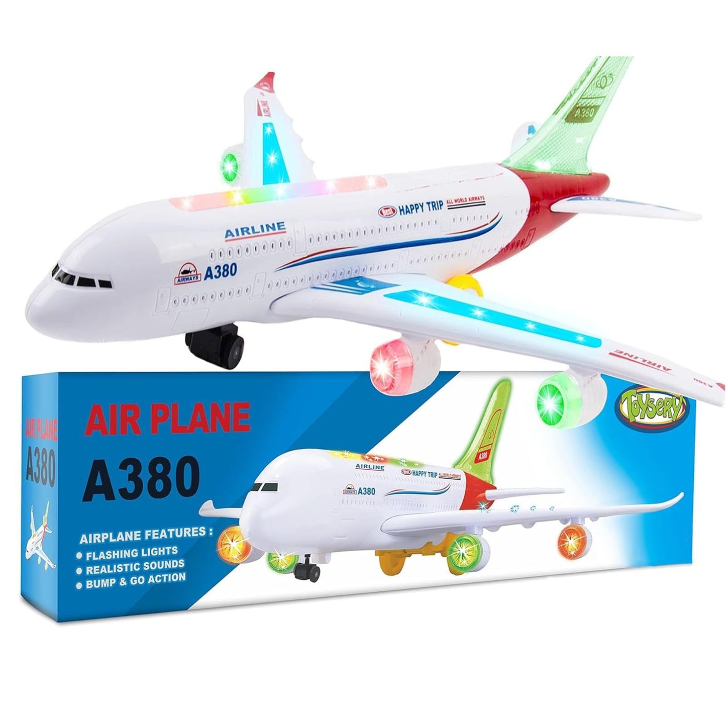 Toysery Airplane Toy for Kids – Bump & Go Action Plane with LED Lights & Sounds, Airbus A380, Toddler Toy for Boys & Girls 3-12 Years