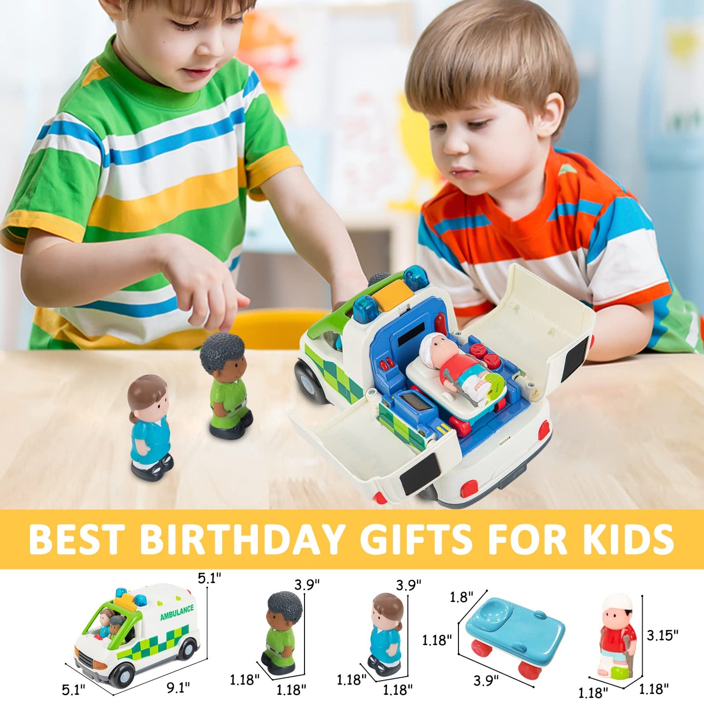 Auspint Friction-Powered Ambulance Toy with Lights & Sounds – Rescue Role Play Set for Toddlers, Boys 1-3, Birthday & Party Gift