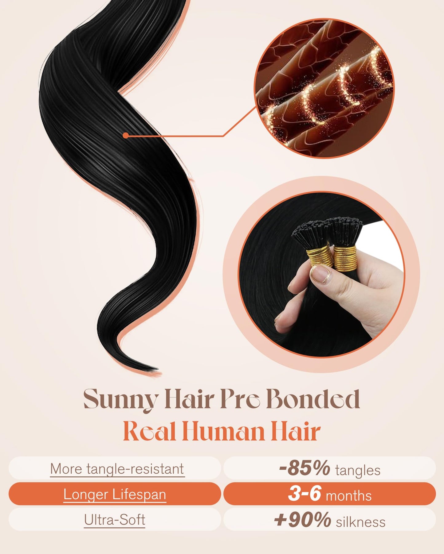 Sunny Hair 22" I Tip Human Hair Extensions Black – Pre-Bonded, Easy to Curl, Natural Look & Long-Lasting Volume for Women, 50g