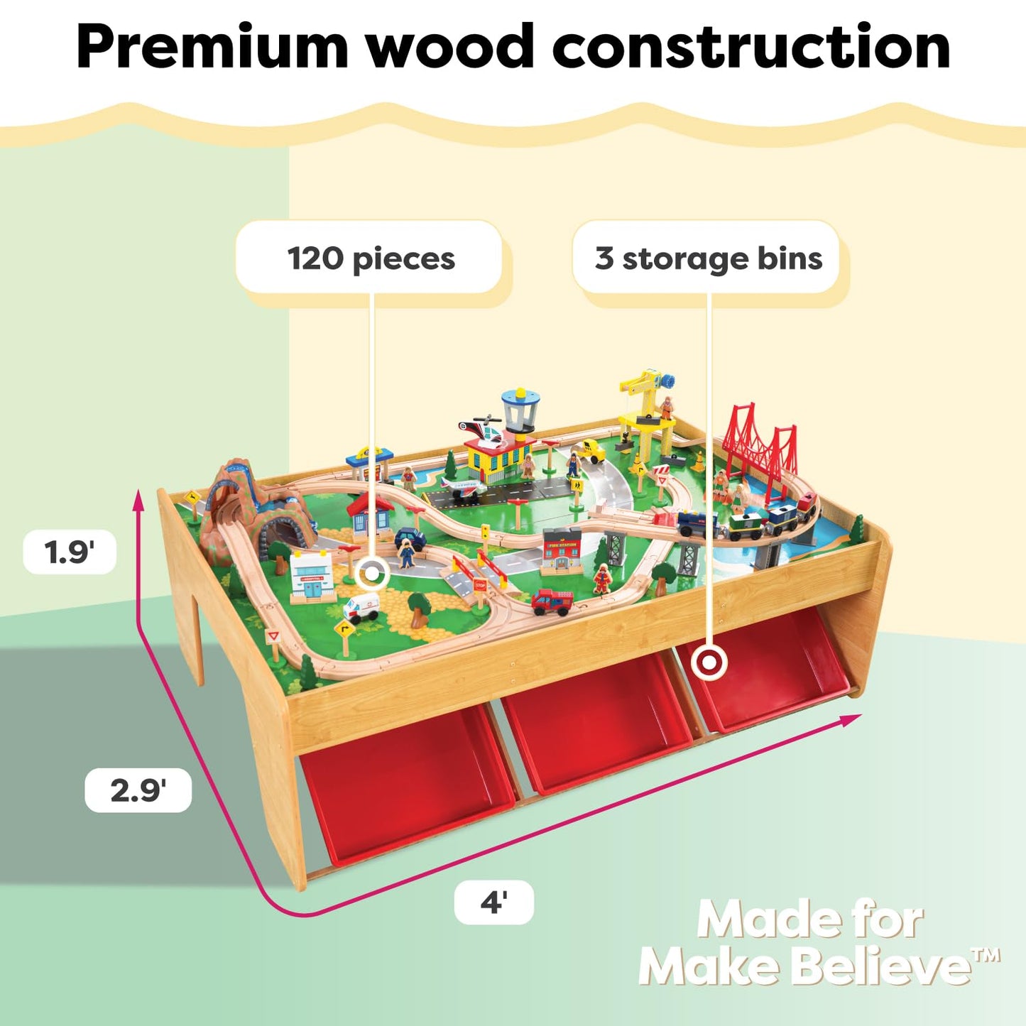 KidKraft Waterfall Mountain Wooden Train Set & Table with 120 Pieces, 3 Storage Bins