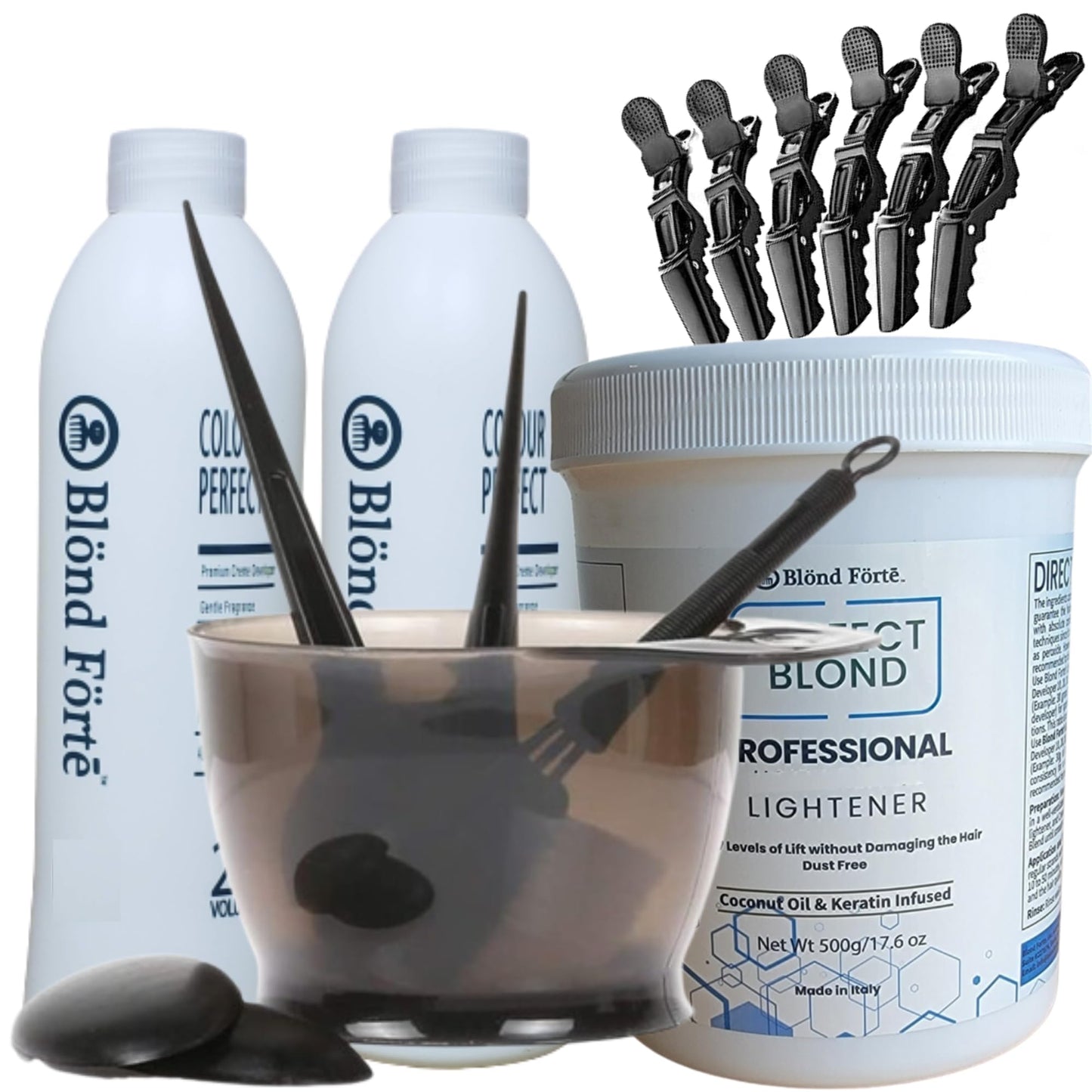 Perfect Blonde Hair Bleach Toner Lightener Powder Lightening Kit 20 Volume 800 ml Developer & Brush & Gloves - Made in Italy by Blond Forte