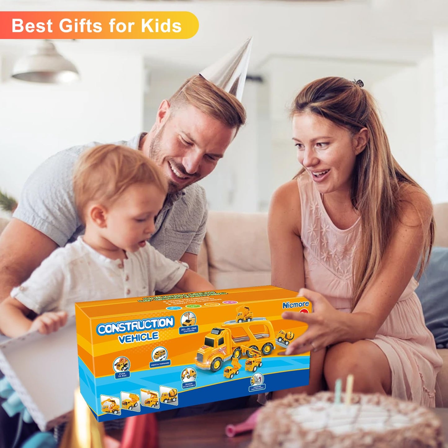 Nicmore 5-in-1 Construction Truck Toddler Toy Car – Gifts for Boys Ages 1-4, Carrier Playset for Birthday & Christmas