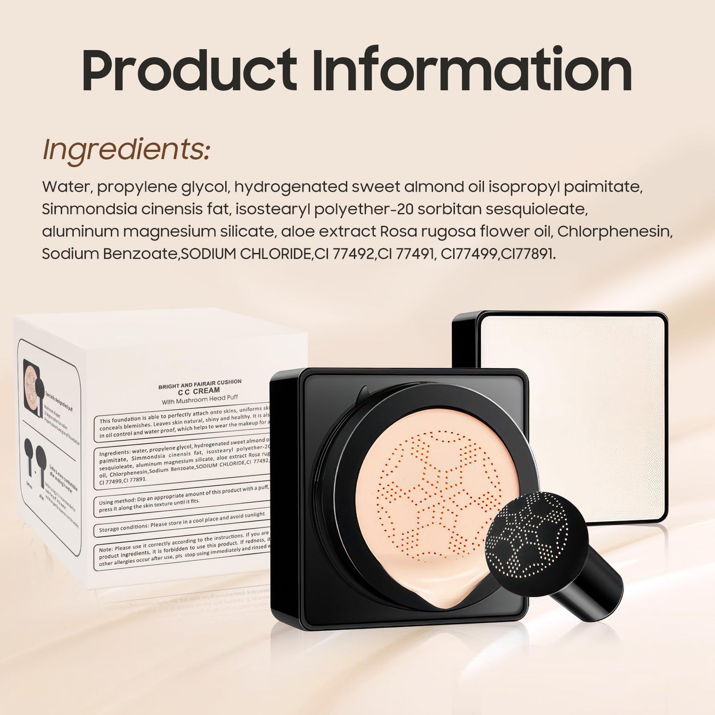 Ursoulney Air Cushion CC Cream – Long-Lasting Brightening BB Cream with Mushroom Applicator, Moisturizing Full Coverage Concealer, 1 PCS