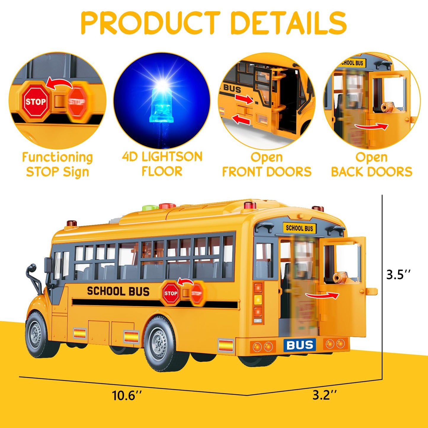 Yellow School Bus Toy for Toddlers 1-3 – Friction-Powered, Light & Sound, Back & Side Doors Open, Flashing Lights, Birthday Gift for Kids