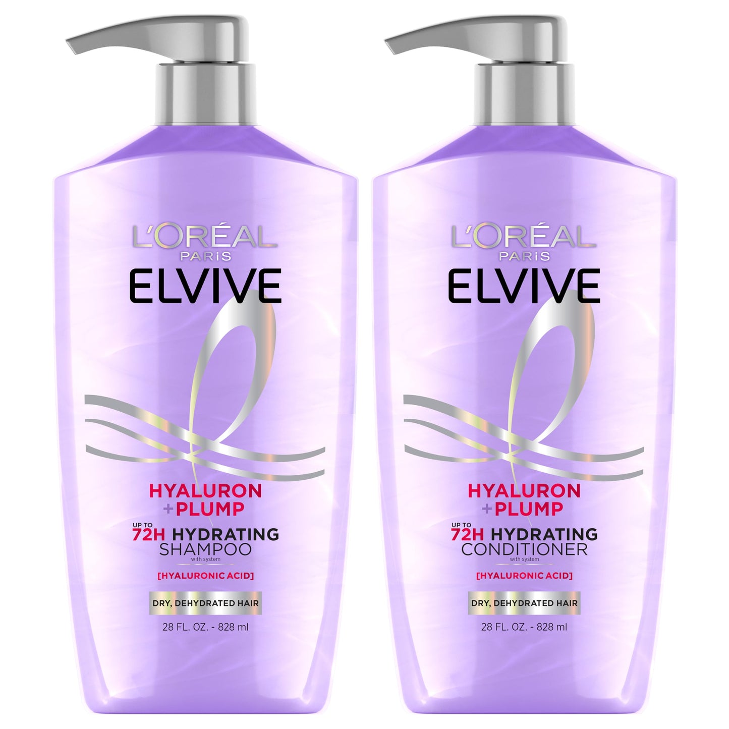 L'Oreal Paris Elvive Hyaluron Plump Shampoo and Conditioner Set for Dehydrated, Dry Hair with Hyaluronic Acid Care Complex, 1 Kit (2 Products)