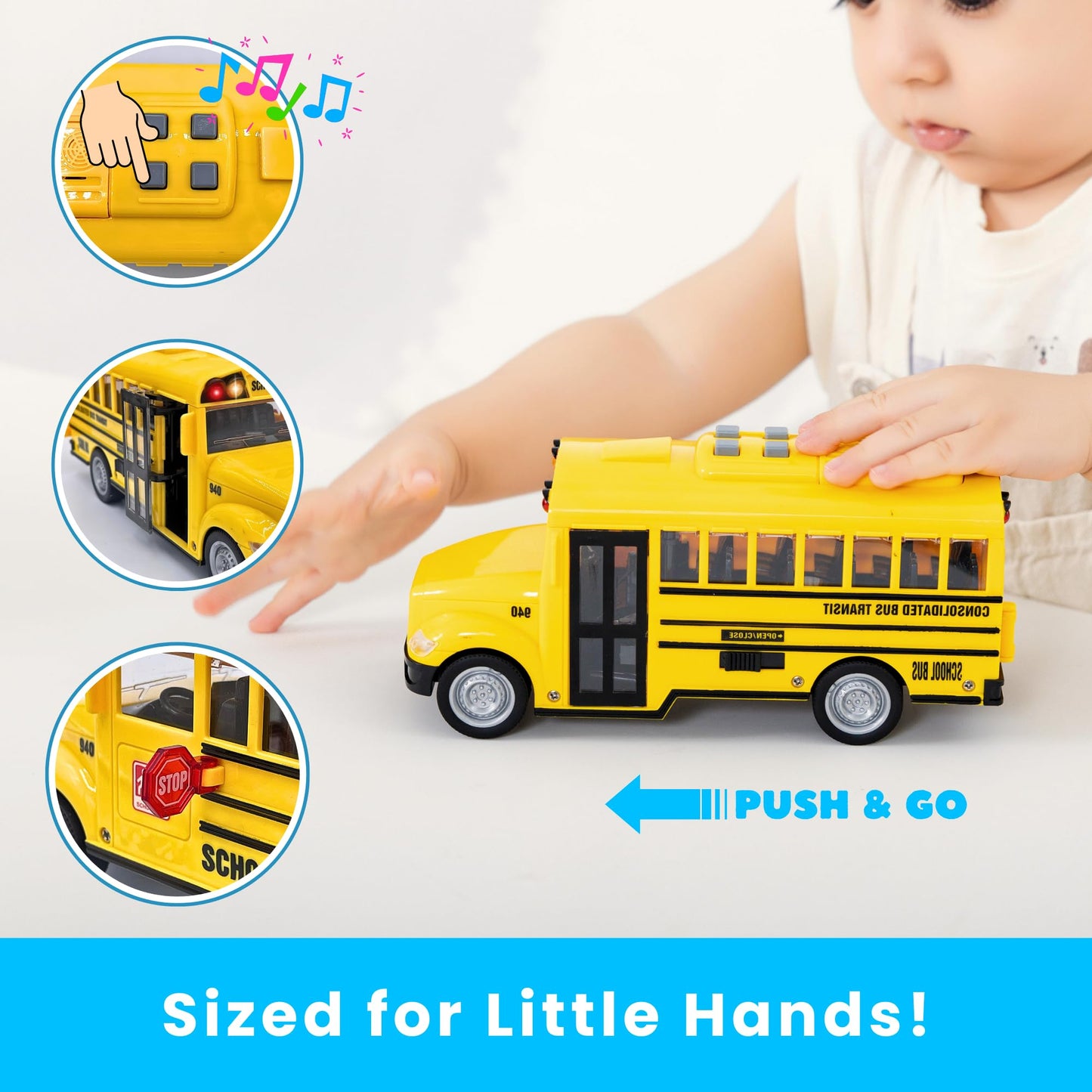 PlenPLAY Yellow School Bus Toy 1:12 Scale – Friction Powered with Lights, Sounds, Opening Doors & Stop Sign, Toddler Preschool Gift