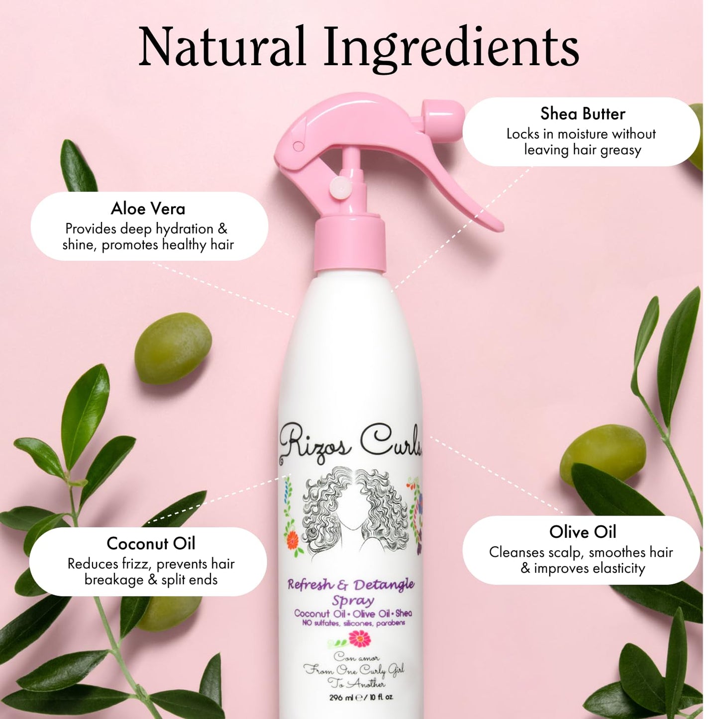 Rizos Curls Refresh & Detangle Spray – Leave-In with Coconut Oil – Hydrates, Nourishes & Controls Frizz for 2A–4C Hair – Adds Shine, Vegan & Cruelty-Free