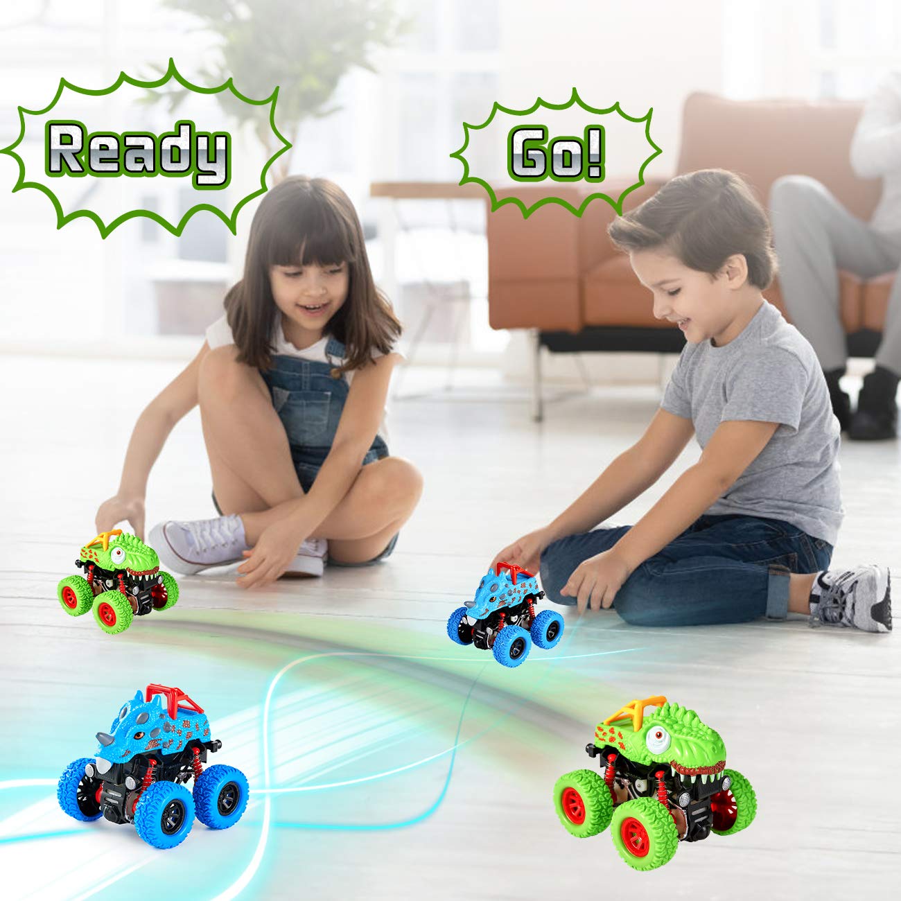 LODBY Dinosaur Monster Truck Toys for Boys Ages 2-6 - Push and Go Cars for Toddlers, Fun Dino Toys for Kids 3-5, Birthday & Christmas Gifts