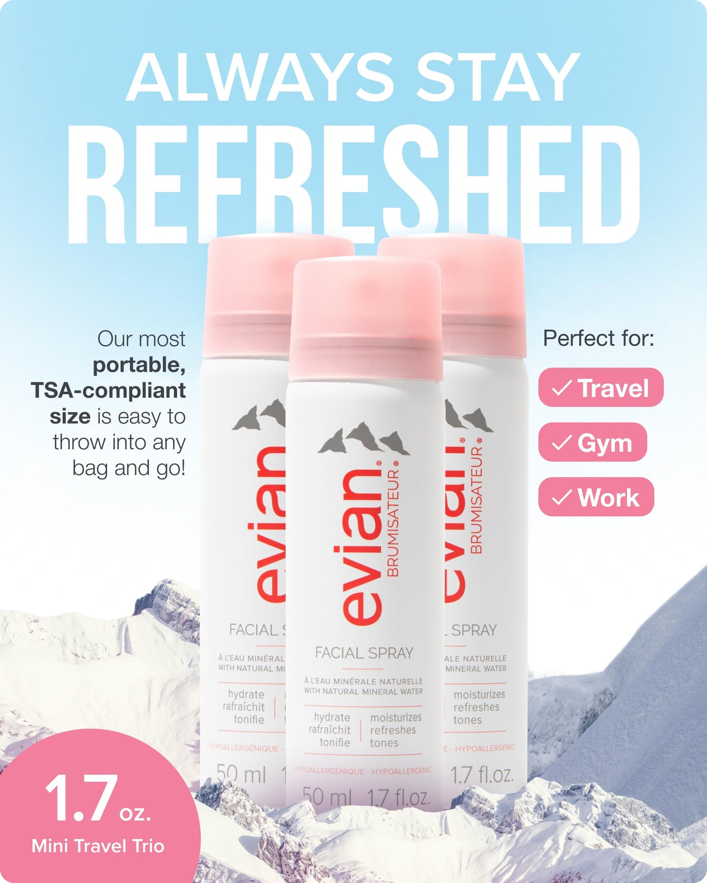 Evian Facial Spray Travel Trio 1.7 oz – Hydrating Mineral Water Mist for Face & Skin, Refreshes Makeup, TSA-Approved Mini Spray
