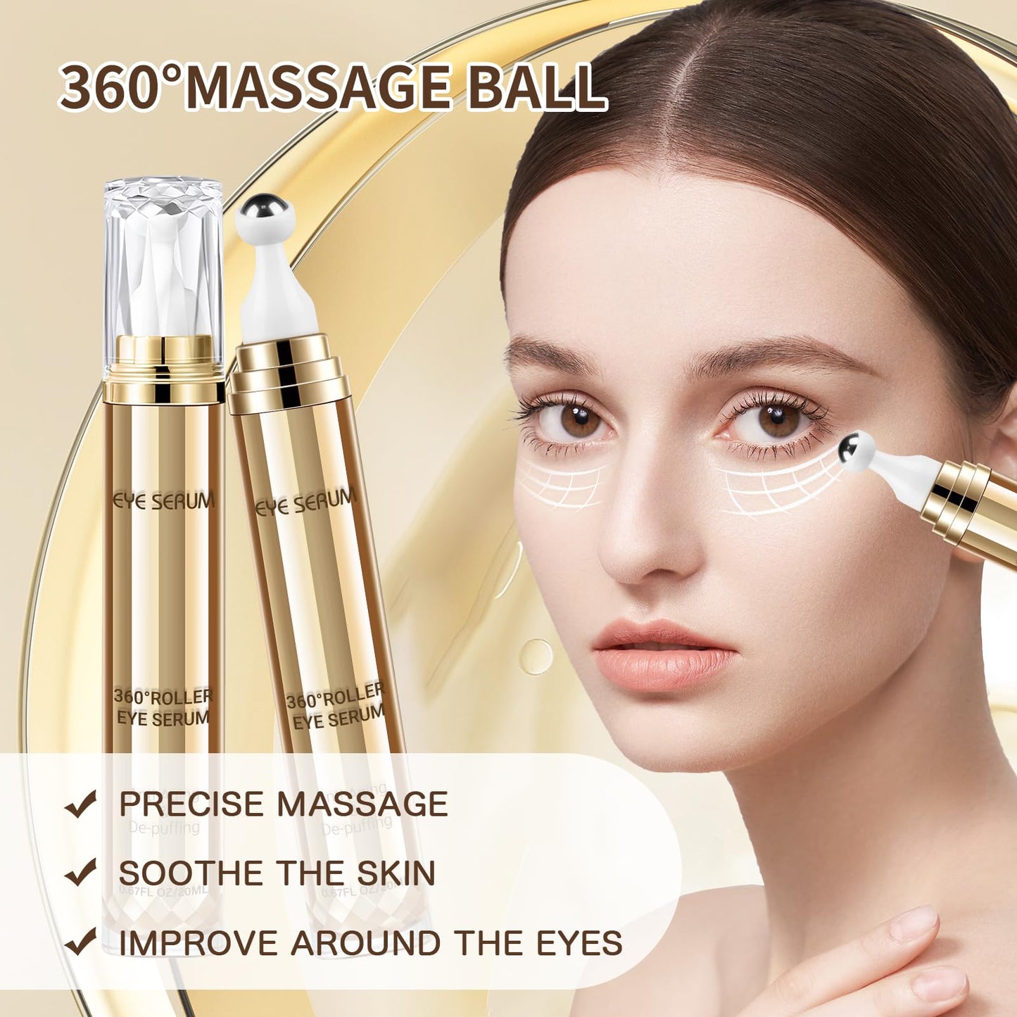 5% Caffeine Eye Serum 20ML with Hyaluronic Acid, 360° Massage Ball for Dark Circles, Puffiness, Wrinkles & Fine Lines