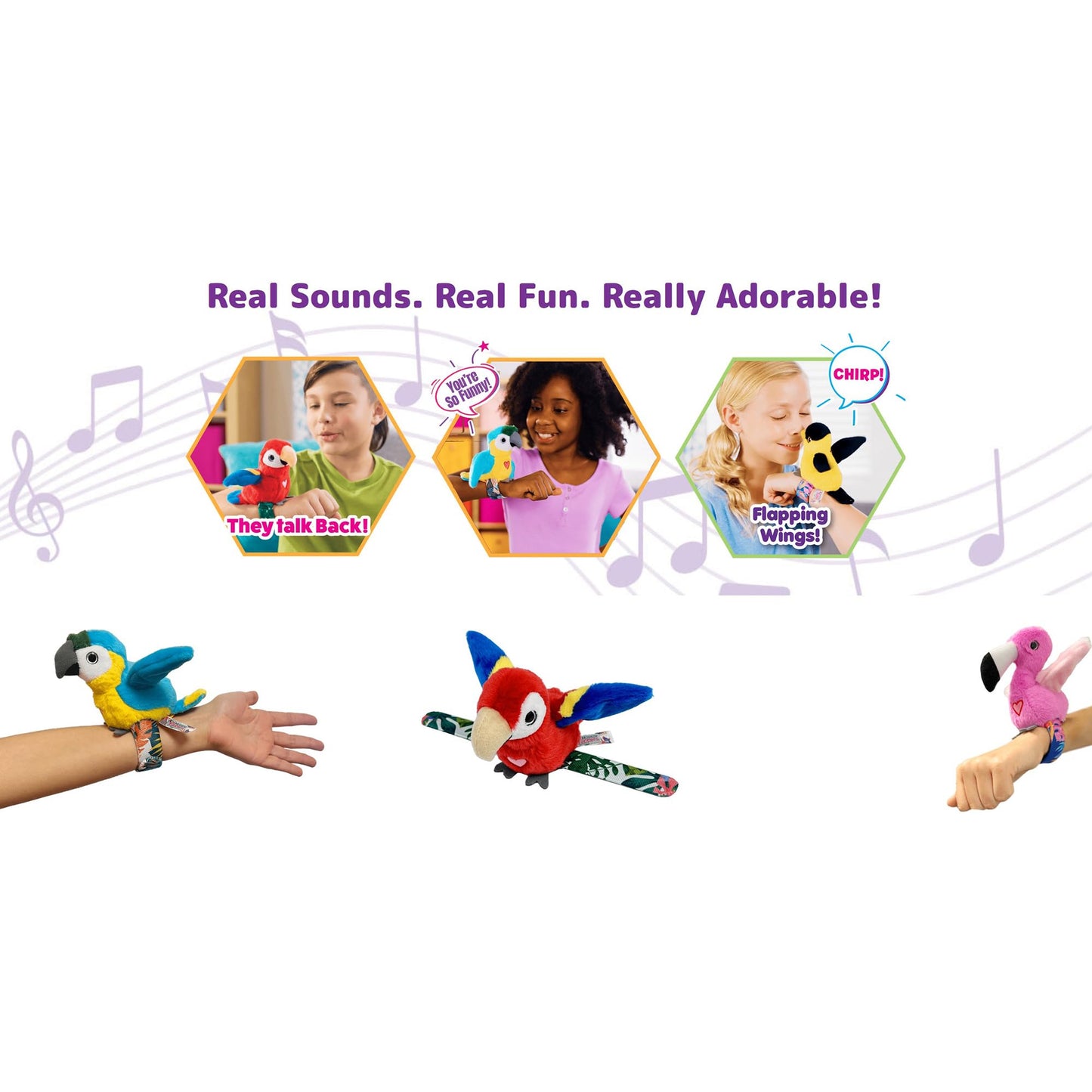 Happy Yappers: Birds 2 Pack - Cokatoo & Blue Parrot - Slap Bracelet Interactive Plush Toy Birds, They Chat-Sing-Mimic Each Other, Flap Wings, Kids 3+