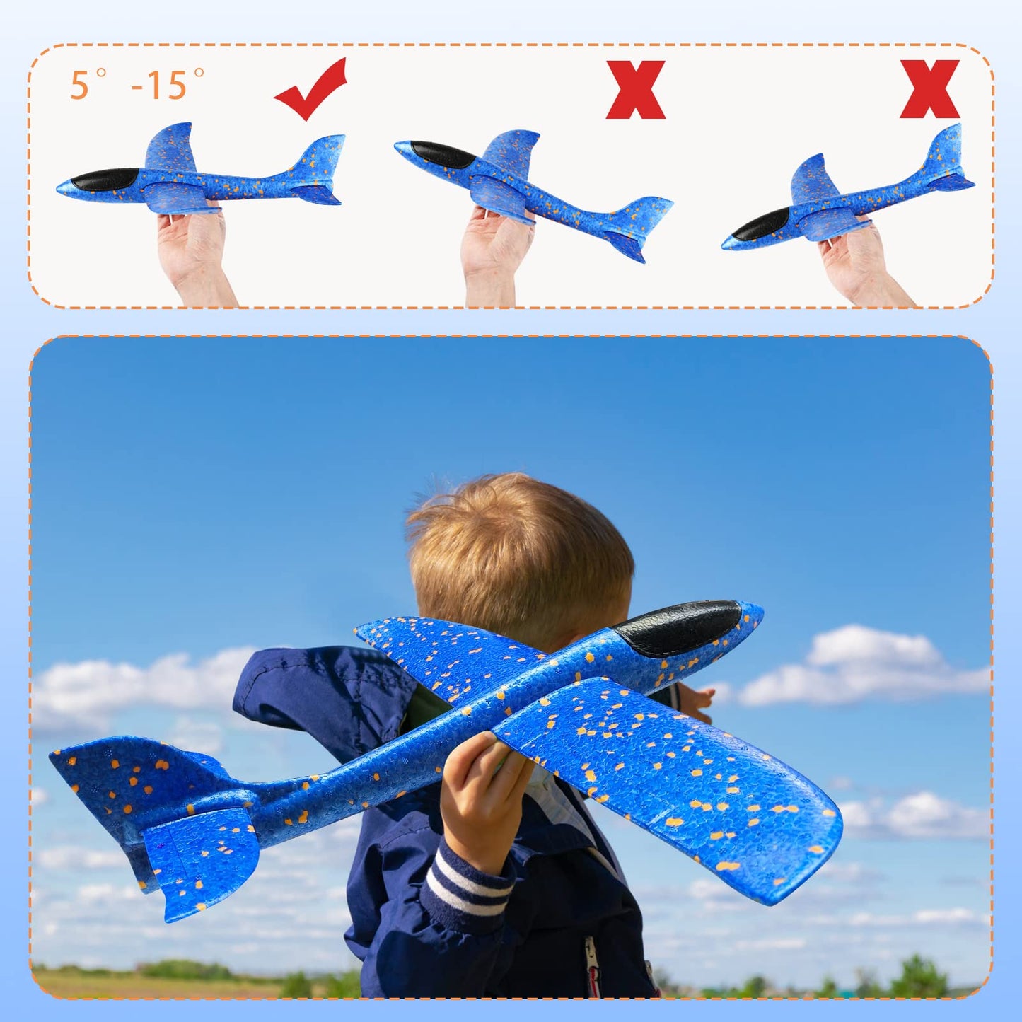 VCOSTORE 2-Pack 13.3" Foam Airplanes for Kids – Throwing Glider Planes Toy for Boys & Girls Ages 3-12, Outdoor Flying Fun