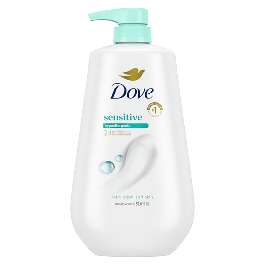 Dove Body Wash for Sensitive Skin – 24hr Moisturizing Cleanser with Pump, Gentle Hypoallergenic Formula, No Sulfates or Parabens, 30.6 oz