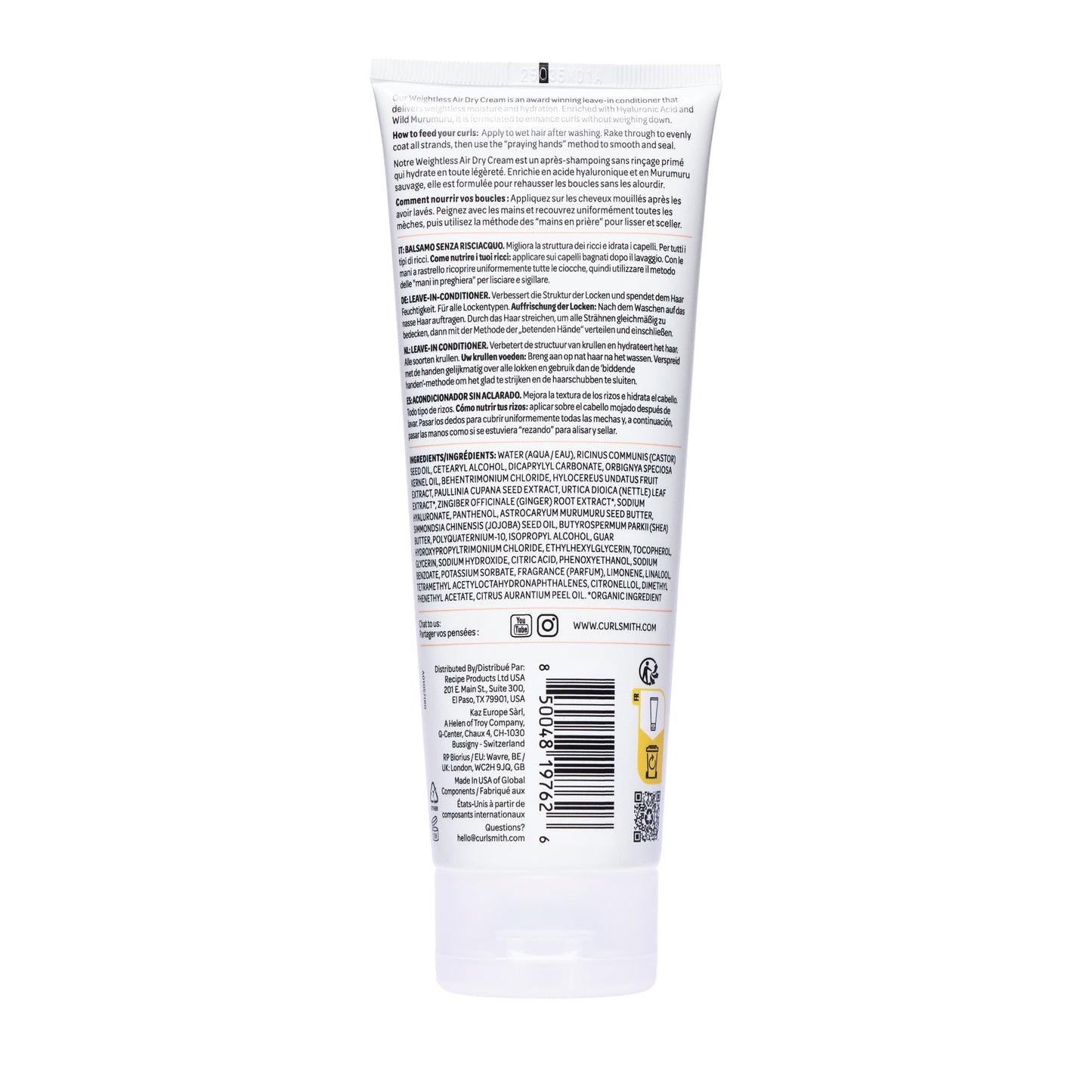 CURLSMITH - Weightless Air Dry Cream - Vegan Leave-In Conditioner for Any Hair Type, Smooths Hair (8 fl oz)