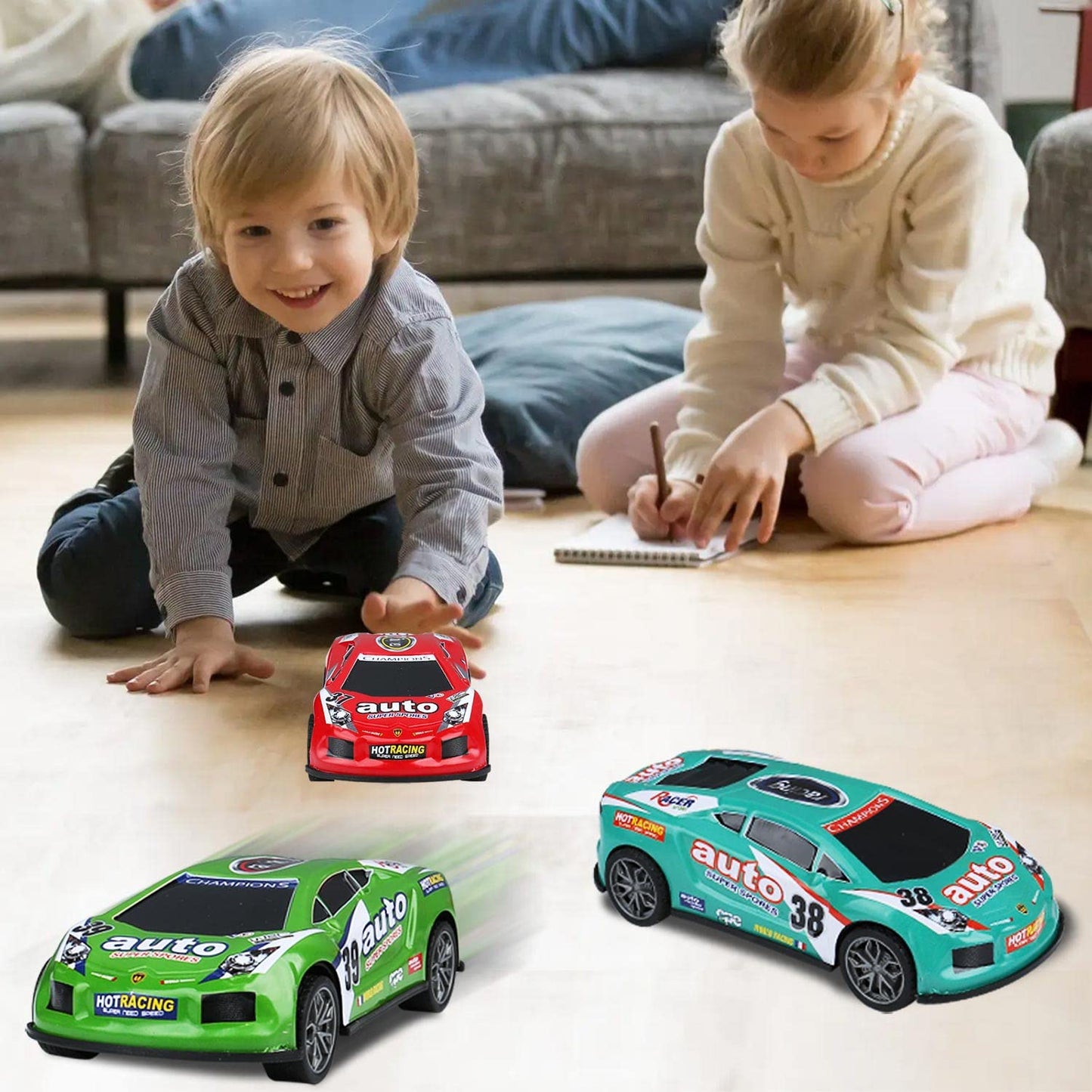 ZOHANINDL 7" Friction Power Cars 3-Pack – Push & Go Pull Back Race Trucks, Wind-Up Toys for Toddlers 3-7 Years, Boys & Girls Birthday Gift