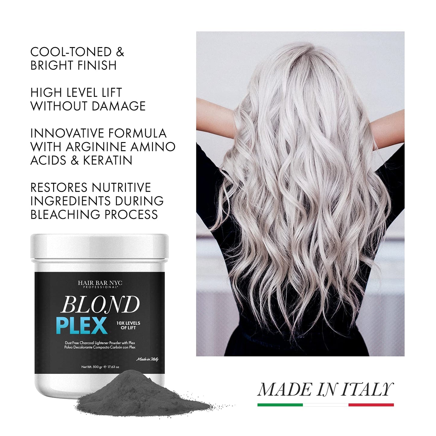 Blond Plex Extreme Lifting 10X Levels - Black/Charcoal Dust Free Lightener Powder Cool-Toned & Bright Finish - Made in Italy 500g / 17.63oz